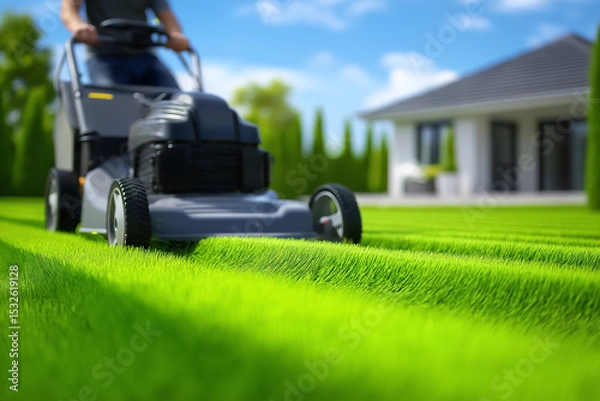 Fototapeta Lawn care expert operates mower on vibrant green grass. Well-maintained garden in bright daylight, creating inviting atmosphere. Concept of landscaping, gardening, outdoor living