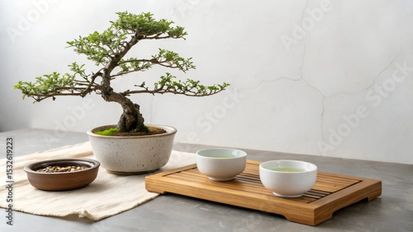 Obraz Minimalist composition with a bonsai tree and ceramic bowls arranged on the left side of a clean white surface, leaving empty copy space on the right. Ideal for product mockups, branding, and interior