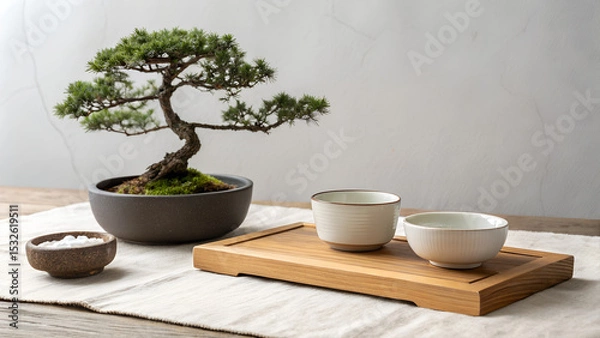 Obraz Minimalist composition with a bonsai tree and ceramic bowls arranged on the left side of a clean white surface, leaving empty copy space on the right. Ideal for product mockups, branding, and interior