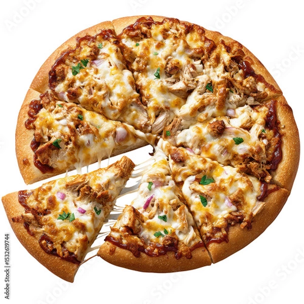 Obraz Savory BBQ chicken pizza with crispy crust, topped with melted cheese and fresh herbs, perfect for sharing