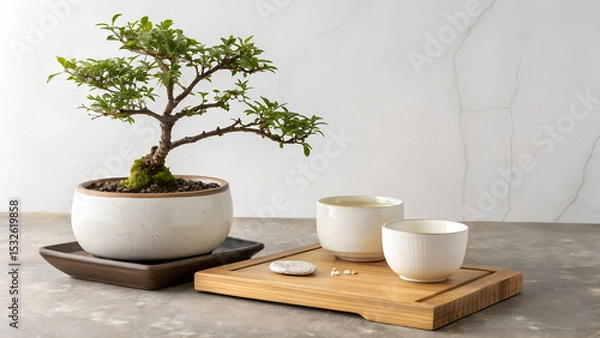 Obraz Minimalist composition with a bonsai tree and ceramic bowls arranged on the left side of a clean white surface, leaving empty copy space on the right. Ideal for product mockups, branding, and interior