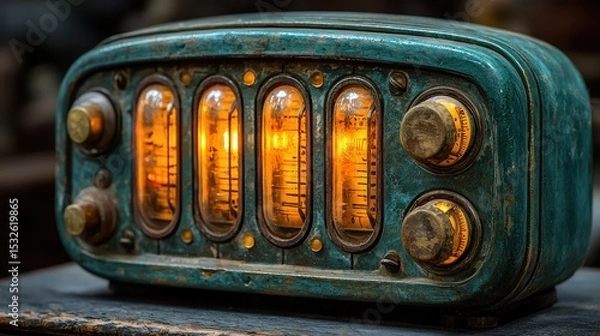 Obraz Vintage teal radio with warm glowing tubes.
