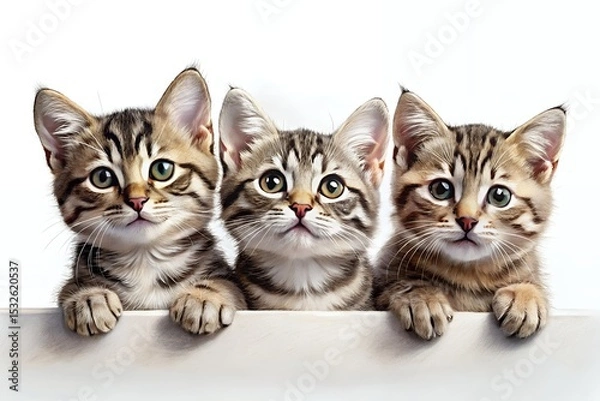 Fototapeta Three adorable tabby kittens peeking over a white surface