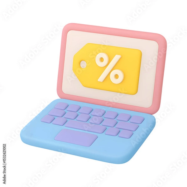 Fototapeta 3d cartoon laptop with discount tag isolated on transparent background