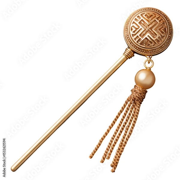 Obraz Elegant Gold Hair Pin with Pearl Ornament and Decorative Tassel on Clean White Background