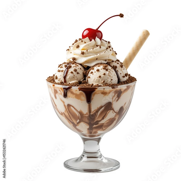 Obraz Indulge in delightful dessert featuring ice cream topped with whipped cream, chocolate drizzle, and cherry