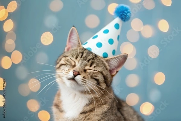 Fototapeta Happy cat wearing party hat with bokeh lights