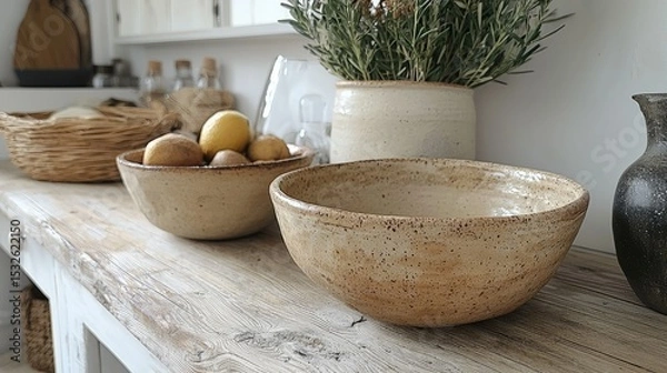 Obraz Two artisanal ceramic bowls on a light wooden surface.