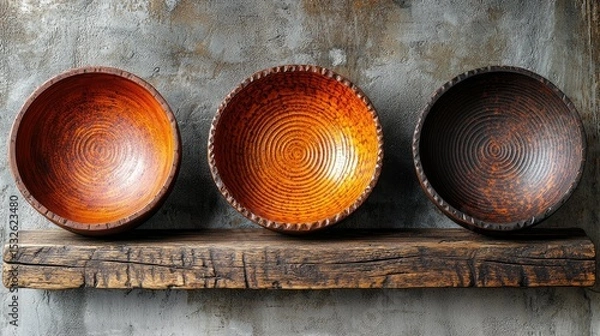 Obraz Three handcrafted wooden bowls displayed on a rustic shelf.