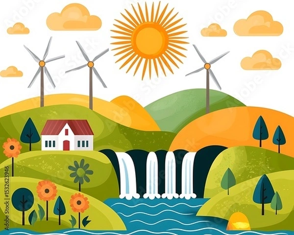 Obraz Flat art illustration of a hydropower plant with water flowing through turbines, representing clean and renewable energy. Ideal for eco-friendly, sustainability, and energy concepts.