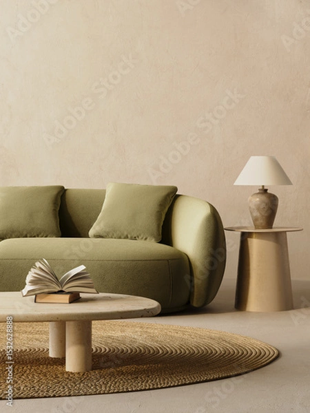 Fototapeta 3d render of a Poster frame mock-up in green home interior background with lounge green sofa, table and decor in living room,	
