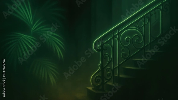 Fototapeta Mystical green staircase at night, fantasy dreamy scene with soft light and foliage