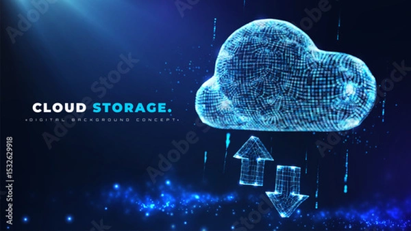 Fototapeta Cloud computing with arrows download and upload data on blue background. Cloud storage backup vector illustration design concept. Future technology backdrop element.
