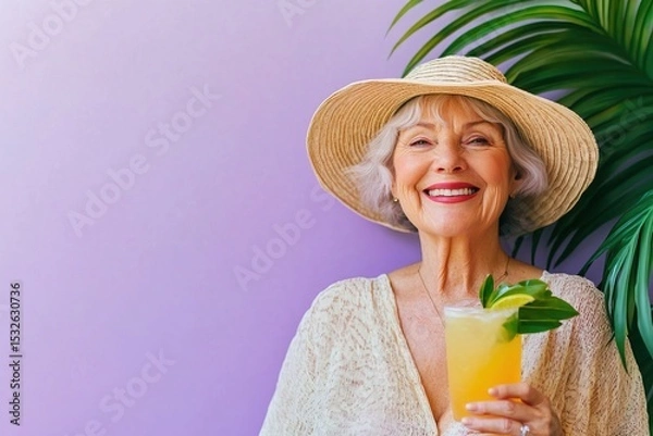 Fototapeta Joyful senior lady enjoying tropical cocktail in bright casual attire, with palm leaves and purple backdrop creating fun, summer vibe