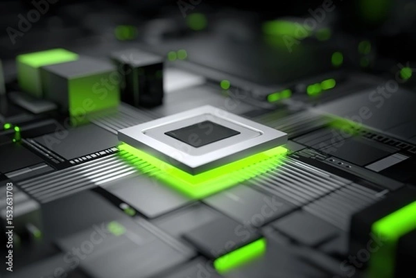 Fototapeta Close-up view of a high-tech circuit board featuring a central processor and vibrant green lighting effects
