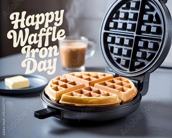Obraz Deliciously golden waffles ready on a modern waffle iron on Happy Waffle Iron Day. Close-up of a hot, freshly cooked waffle in a modern black waffle iron.
