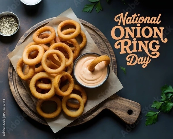 Obraz Overhead view of a wooden platter loaded with golden-brown onion rings, garnished with fresh parsley, alongside a dipping sauce and a sprinkle of seasoning. 