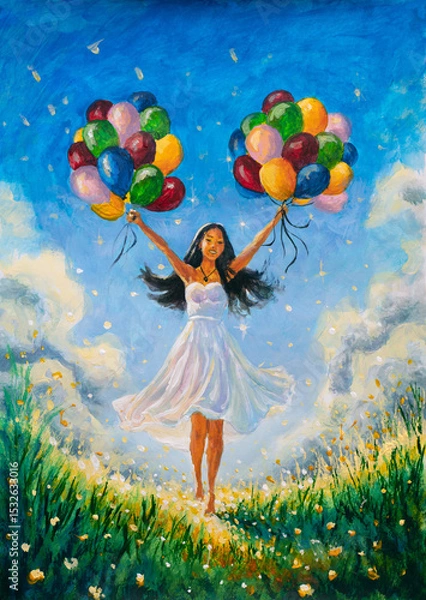 Fototapeta Painting of a happy girl wearing a white dress, holding colorful balloons and floating over a green meadow with flowers and a blue sky with clouds