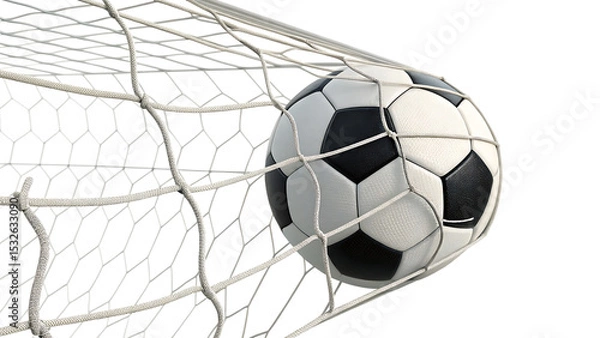 Fototapeta  Soccer ball in net goal isolated on white background PNG. AI GENERATED