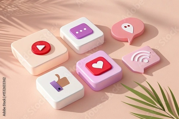 Fototapeta 3D Social Media Icon Set with Like, Chat, Video, Location, Wifi, Heart on Pink