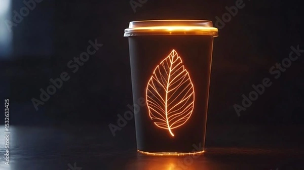 Obraz eco-friendly product design featuring a glowing leaf-inspired cup on a soft, dark background,d highlighting sustainability and organic style
