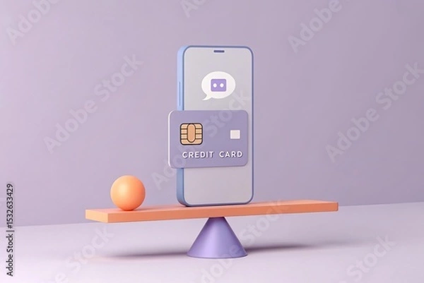 Fototapeta Balance Scale Featuring Credit Card and Smartphone with Chat Icon, Minimalist