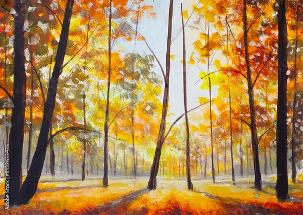 Fototapeta Expressive painting depicting a serene autumn forest scene, with golden foliage illuminating the trees and casting long shadows on the ground, creating a warm and inviting atmosphere