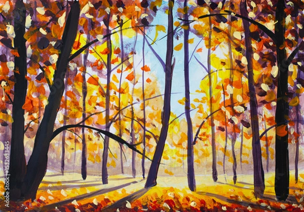 Fototapeta Expressive painting depicting a serene autumn forest scene, with golden foliage illuminating the trees and casting long shadows on the ground, creating a warm and inviting atmosphere