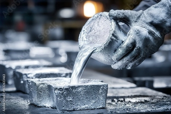 Fototapeta Workers pouring molten metal into molds in a factory during the day