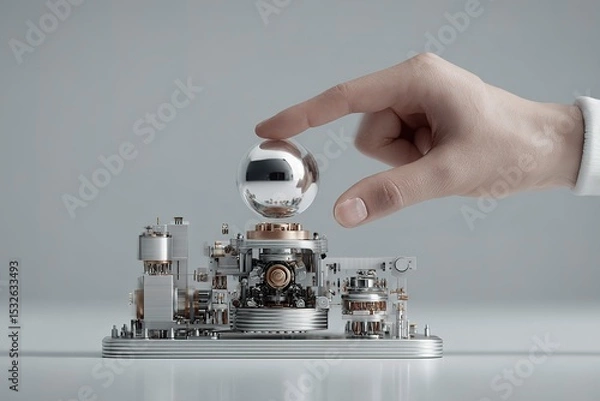 Fototapeta Innovative technology creation featuring a hand manipulating a metallic sphere above a detailed futuristic cityscape model