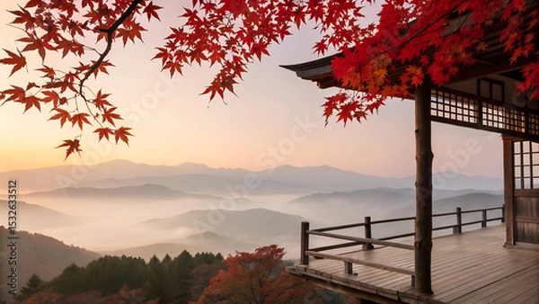 Obraz Traditional wooden terrace on the right side, overlooking a misty mountain valley at sunrise. Red maple leaves frame the top right corner, creating a serene and poetic autumn scene with soft pastel sk