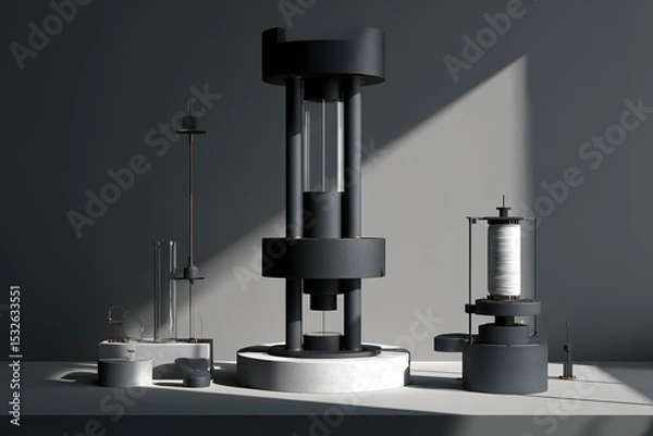 Fototapeta Modern scientific apparatus displayed on a minimalist surface during afternoon light in a contemporary laboratory setting