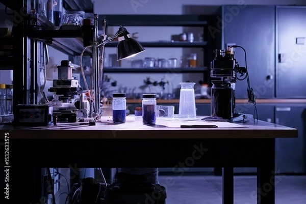 Fototapeta Laboratory workspace with glassware and equipment illuminated by a desk lamp during the evening hours