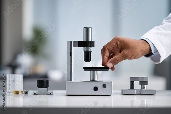 Fototapeta Lab technician examines a sample under a microscope in a modern research facility in the morning