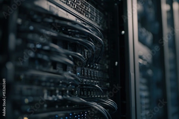 Fototapeta Server room filled with intricate wiring and technology at a data center during nighttime operations