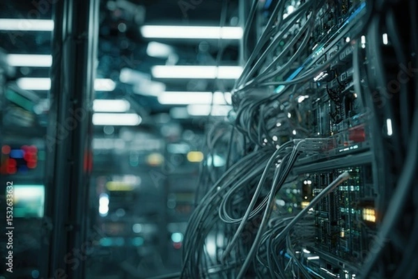 Fototapeta Data center filled with high-tech servers and tangled cables illuminated by bright overhead lights