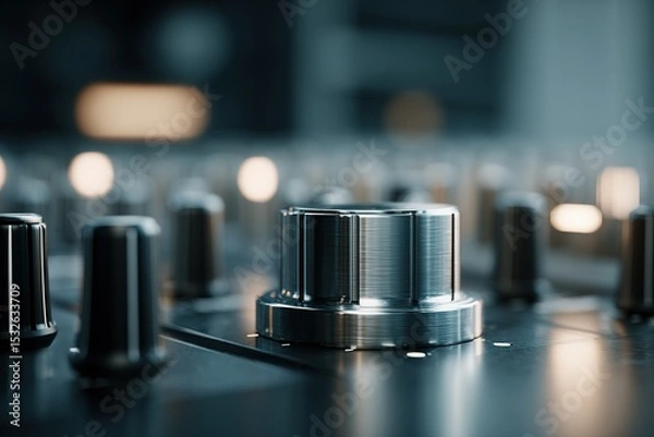 Fototapeta Close-up of a metallic knob on a mixing console showcasing detailed craftsmanship and lighting