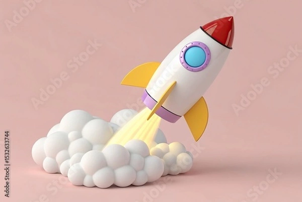 Fototapeta Cartoon Rocket Launching with White Clouds and Yellow Flames on Pale Pink Background