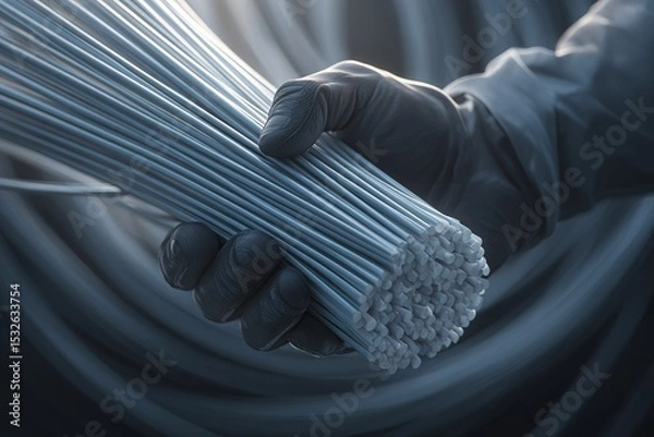Fototapeta Hand holding a bundle of thin wires, showcasing intricate details in a well-lit workspace environment