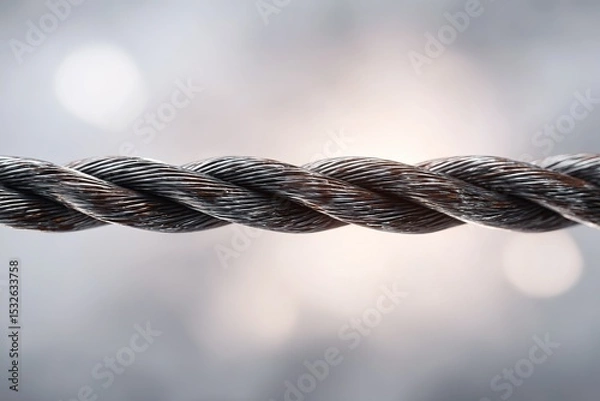Fototapeta Metal wire rope twisted together with shiny strands reflecting light in a soft focus backdrop