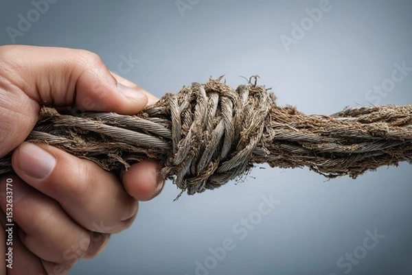 Fototapeta Strong hand gripping a worn rope knot against a smooth gradient background in an indoor setting
