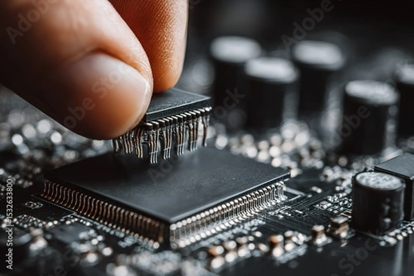 Fototapeta Close interaction with a microchip during assembly on a printed circuit board in a technology workspace