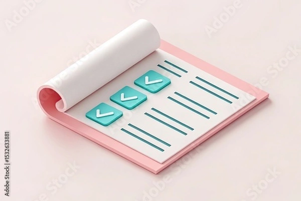 Fototapeta Clipboard with Teal Check Marks and Paper Lines on Pale Pink Isometric Background