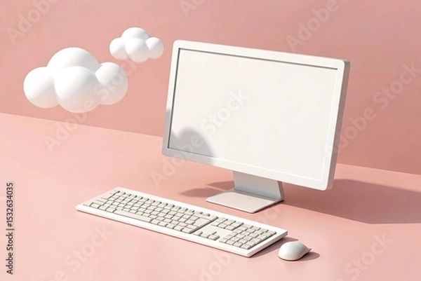 Fototapeta Computer setup on pink background featuring white keyboard, mouse, monitor, and clouds