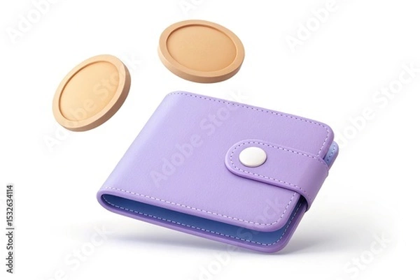 Fototapeta Falling Coins with Lilac Wallet Isolated on White Background, Finance Concept
