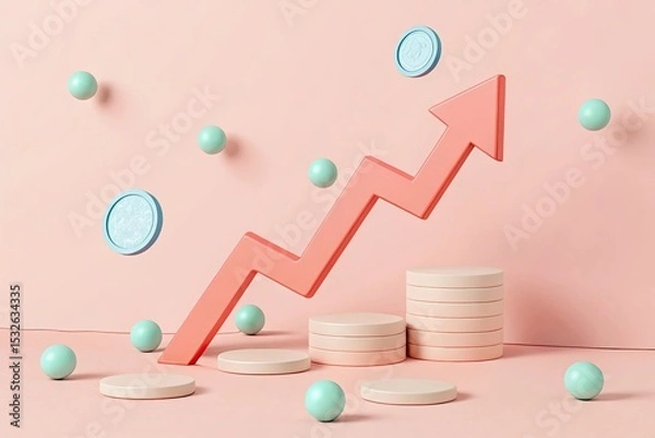 Fototapeta Growth Arrow Trending Up Over Pastel Cylinders with Floating Coins and Spheres