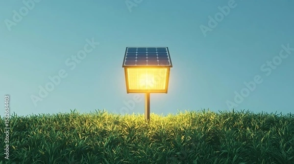 Obraz glowing garden solar lamp placed on green grass at night, symbolizing eco-friendly energy and modern outdoor lighting powered by renewable technology