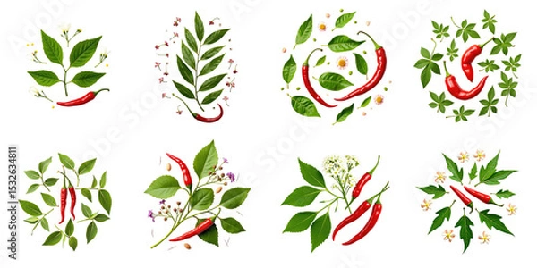 Fototapeta Herbal leaves and red chili peppers in circular patterns on a transparent background featuring a flat lay design with various spices and floral elements isolated for a detailed vegetable collection.