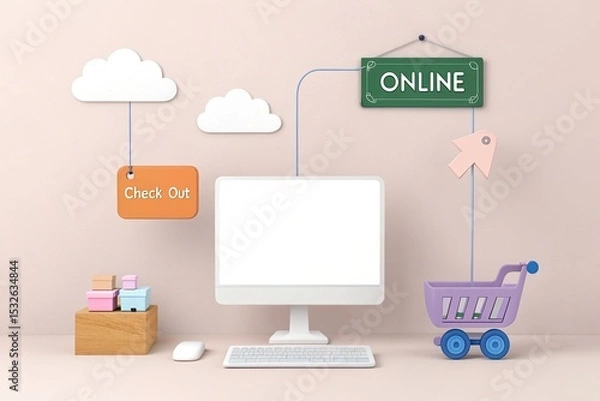 Fototapeta Minimalist Computer with Cart, Boxes, Signs, and Cloud for Online Shopping Concept