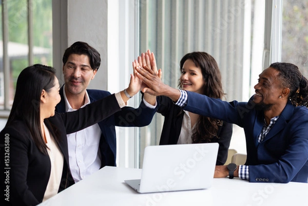 Fototapeta Business team hands together : Unity and teamwork. Company employee celebrate after finishing successful project. Successful people giving each other high five in meeting